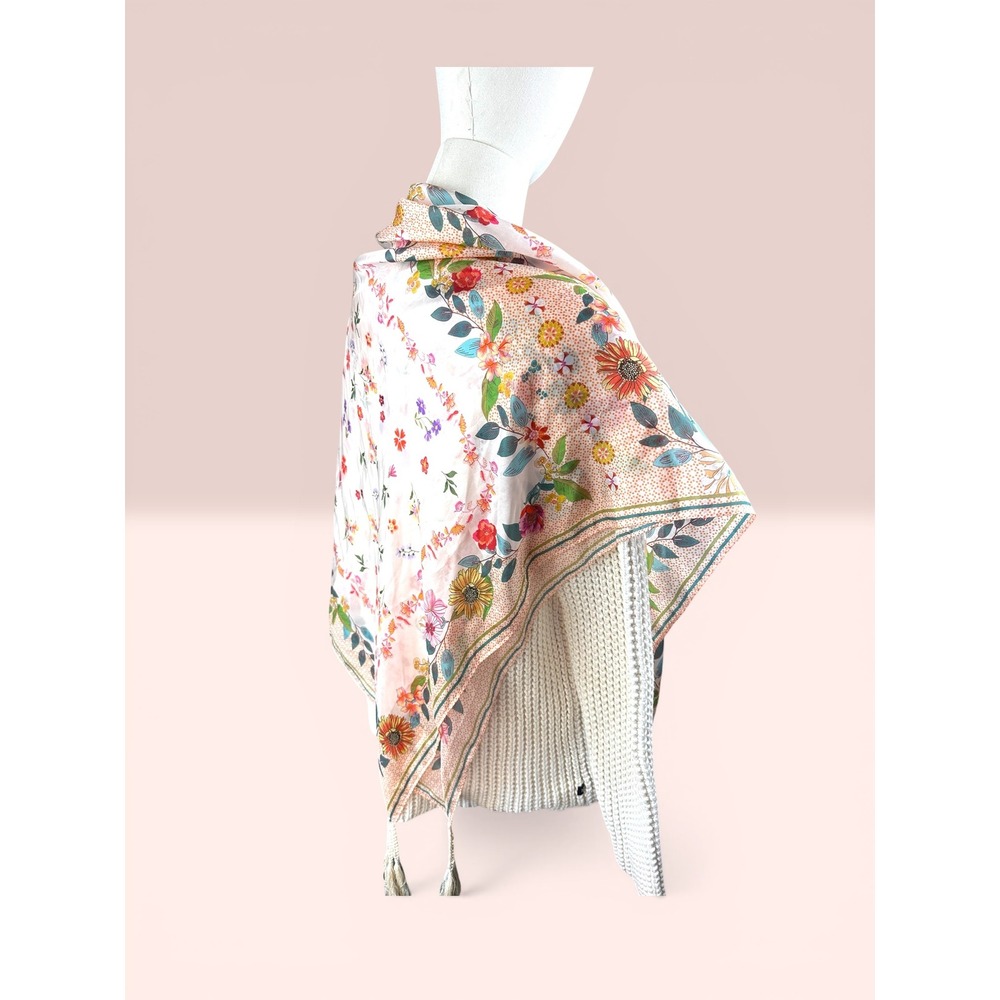 Johnny Was NWTThe Nani Silk Square Scarf Shawl Pink Floral Polka Dot Tassel Boho - Picture 2 of 12
